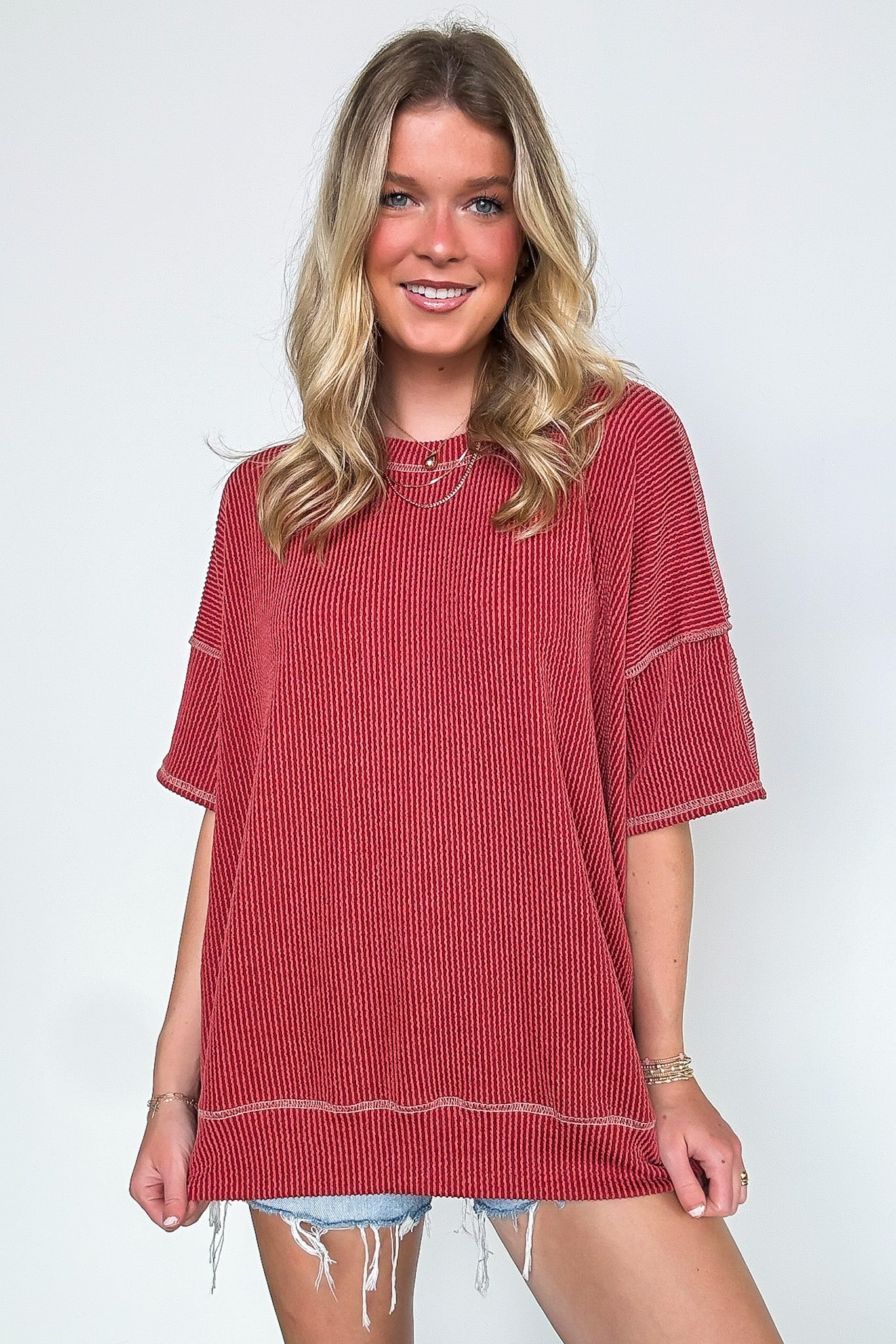 Evianna Stitch Detail Short Sleeve Relaxed Top - BACK IN STOCK - Madison and Mallory