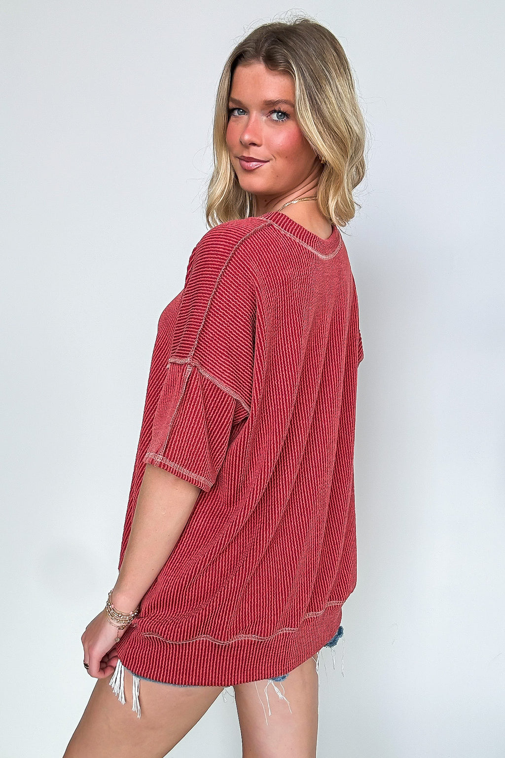 Evianna Stitch Detail Short Sleeve Relaxed Top - BACK IN STOCK - Madison and Mallory