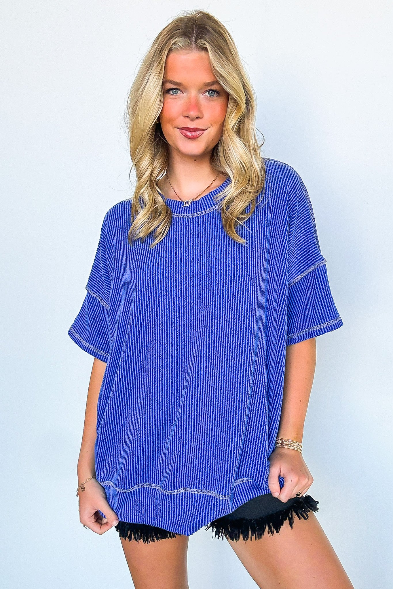 Royal Blue / SM Evianna Stitch Detail Short Sleeve Relaxed Top - Madison and Mallory