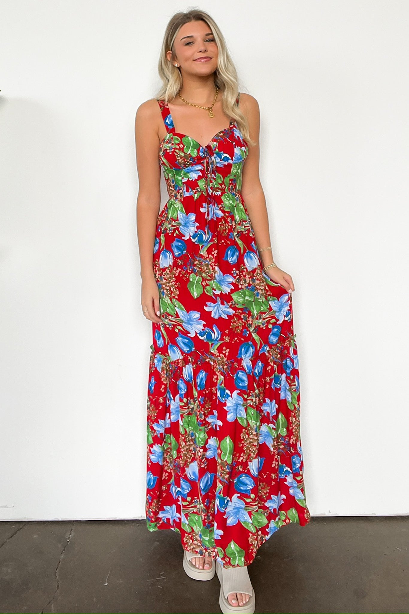 Red / S Exceptional Sight V-Neck Floral Maxi Dress - Madison and Mallory