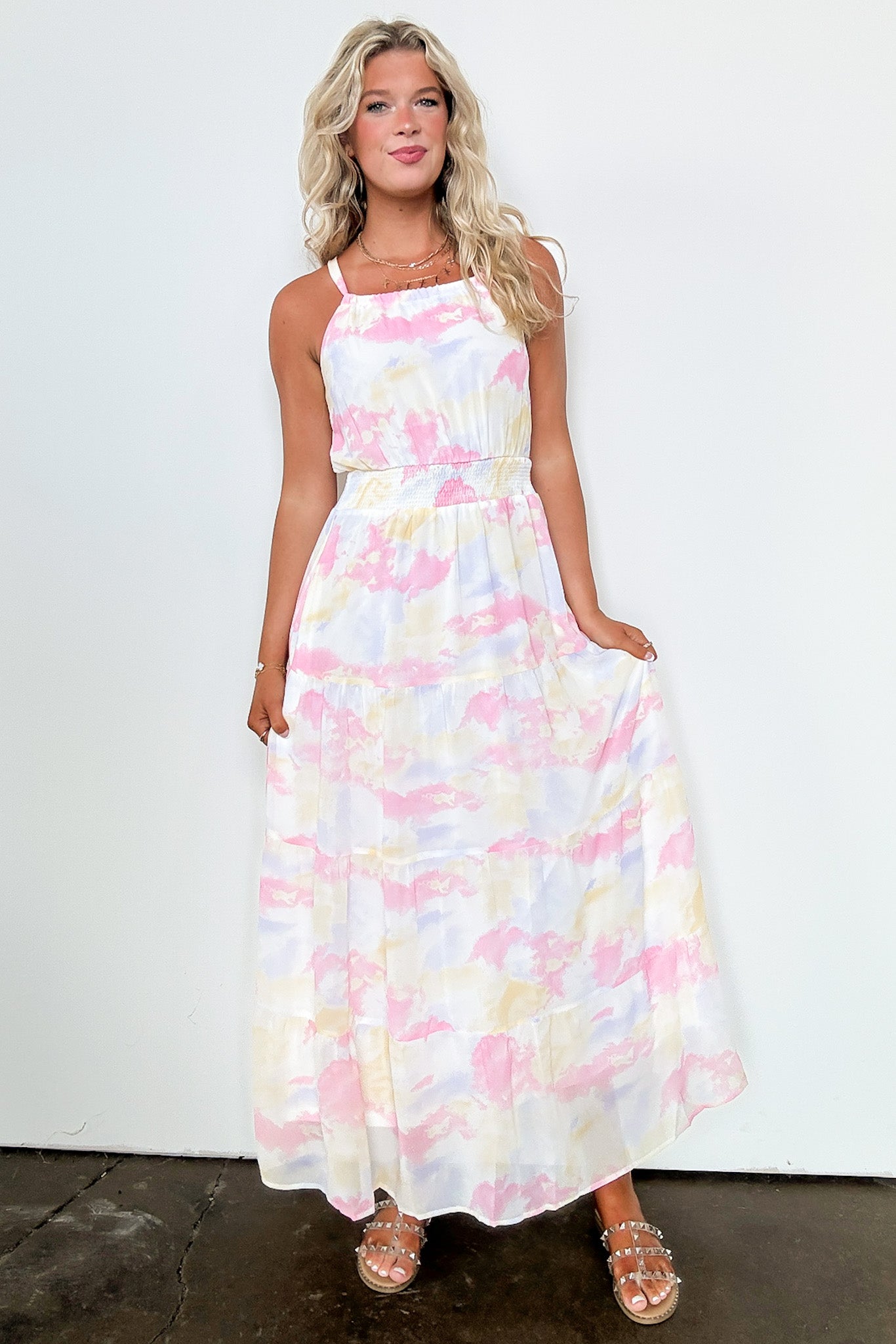  Exceptionally Radiant Cloudwash Halter Maxi Dress - Madison and Mallory