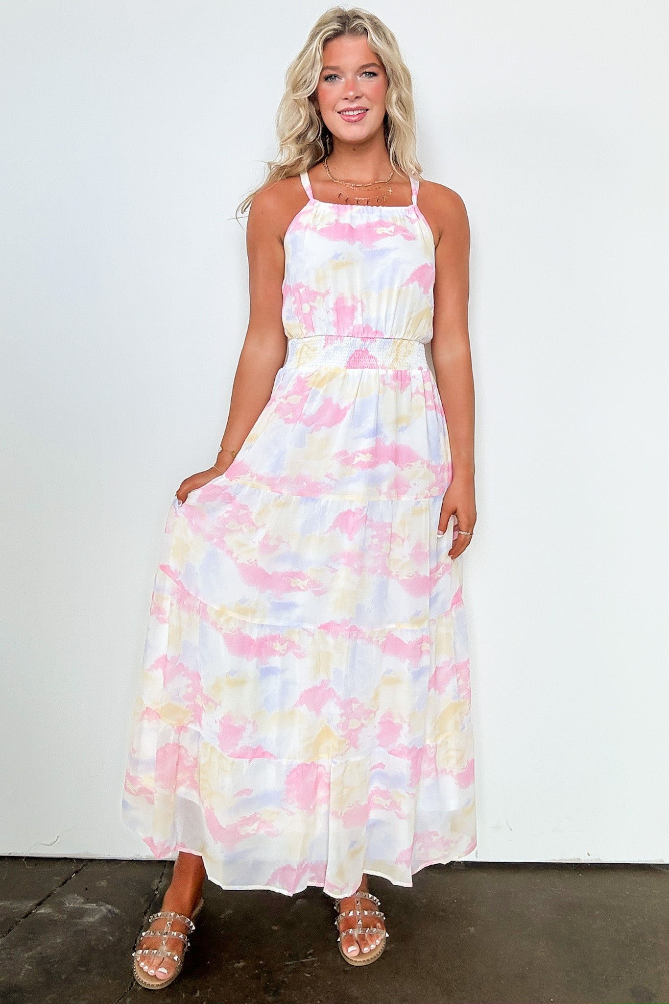 S / White Multi Exceptionally Radiant Cloudwash Halter Maxi Dress - Madison and Mallory