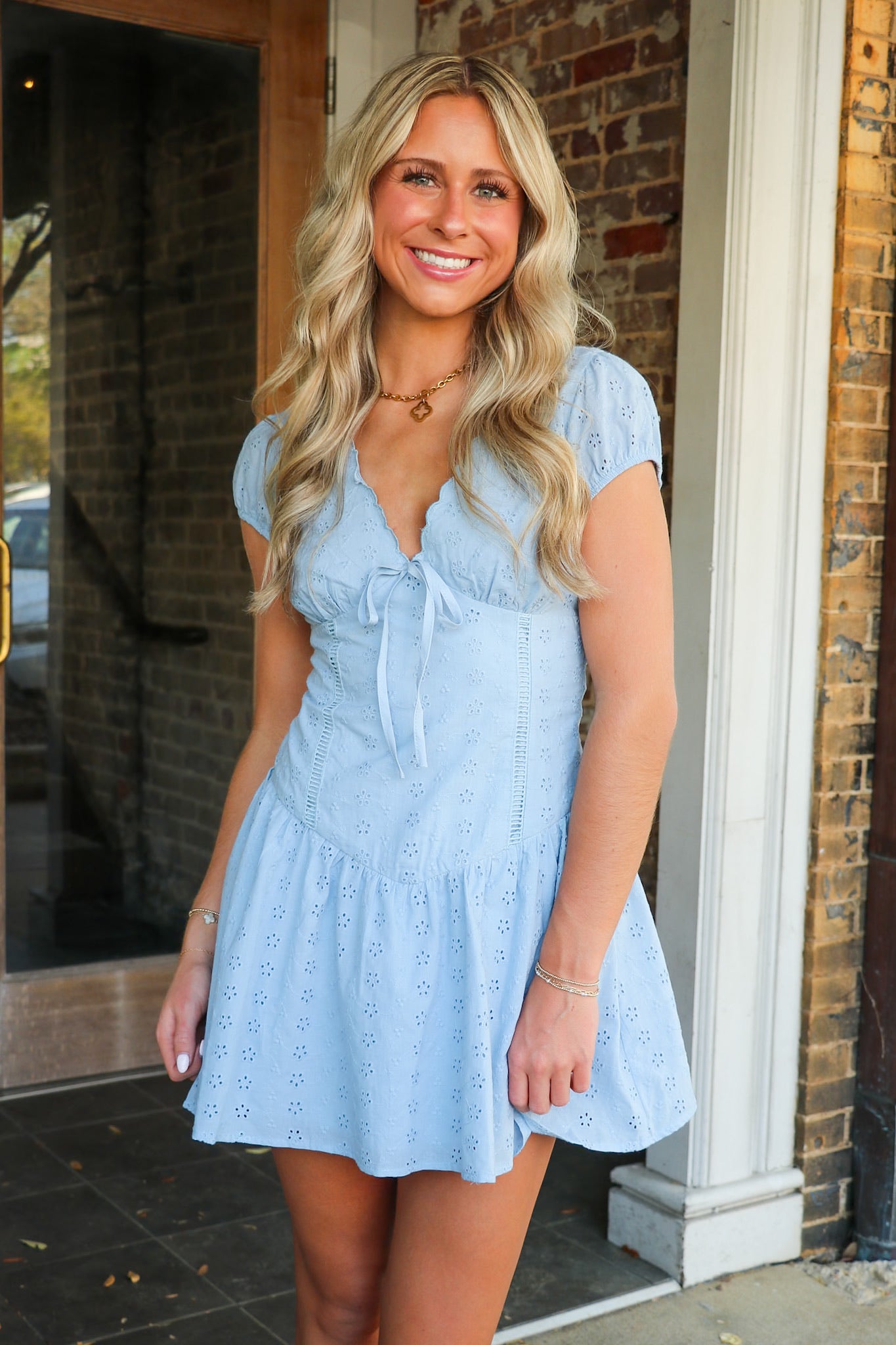 Eyelet Dream Scallop V-Neck Dress S / Light Blue