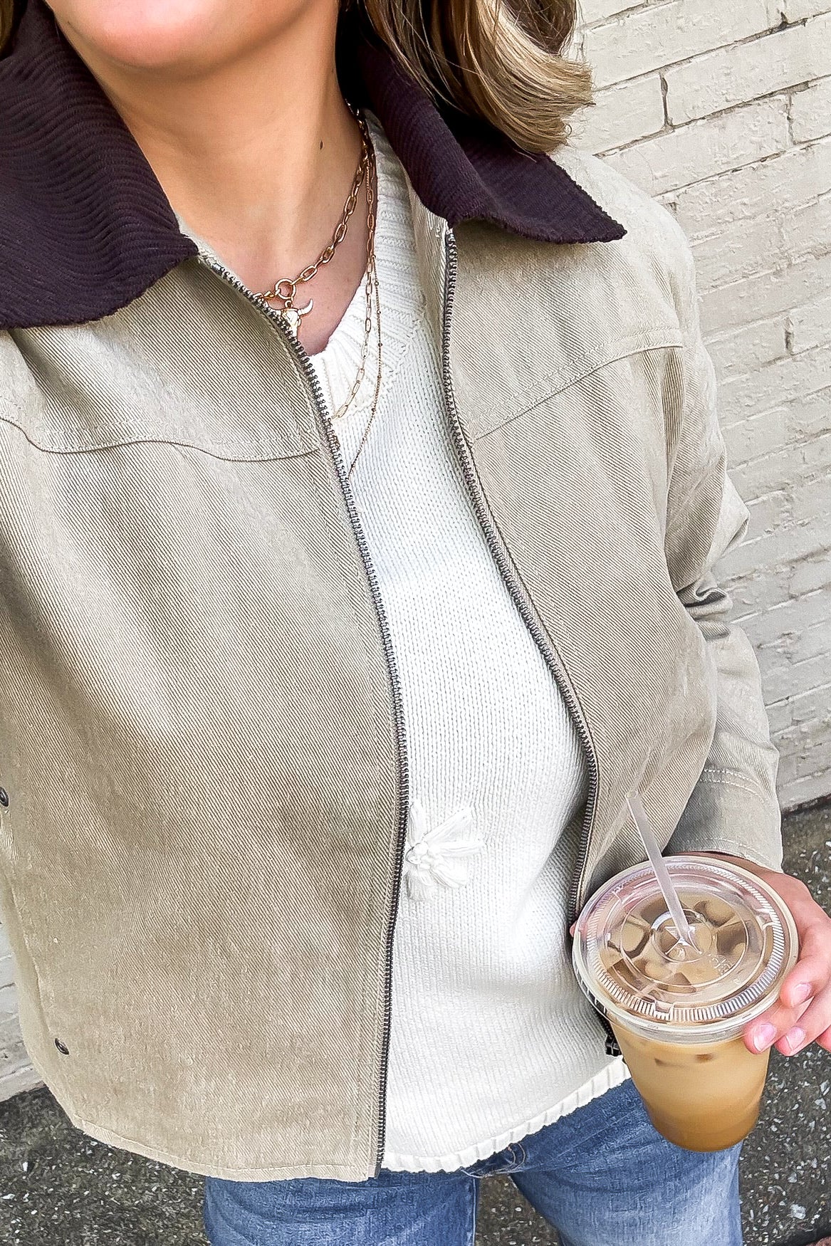 Highland Contrast Corduroy Collar Zip-Up Jacket - Madison and Mallory