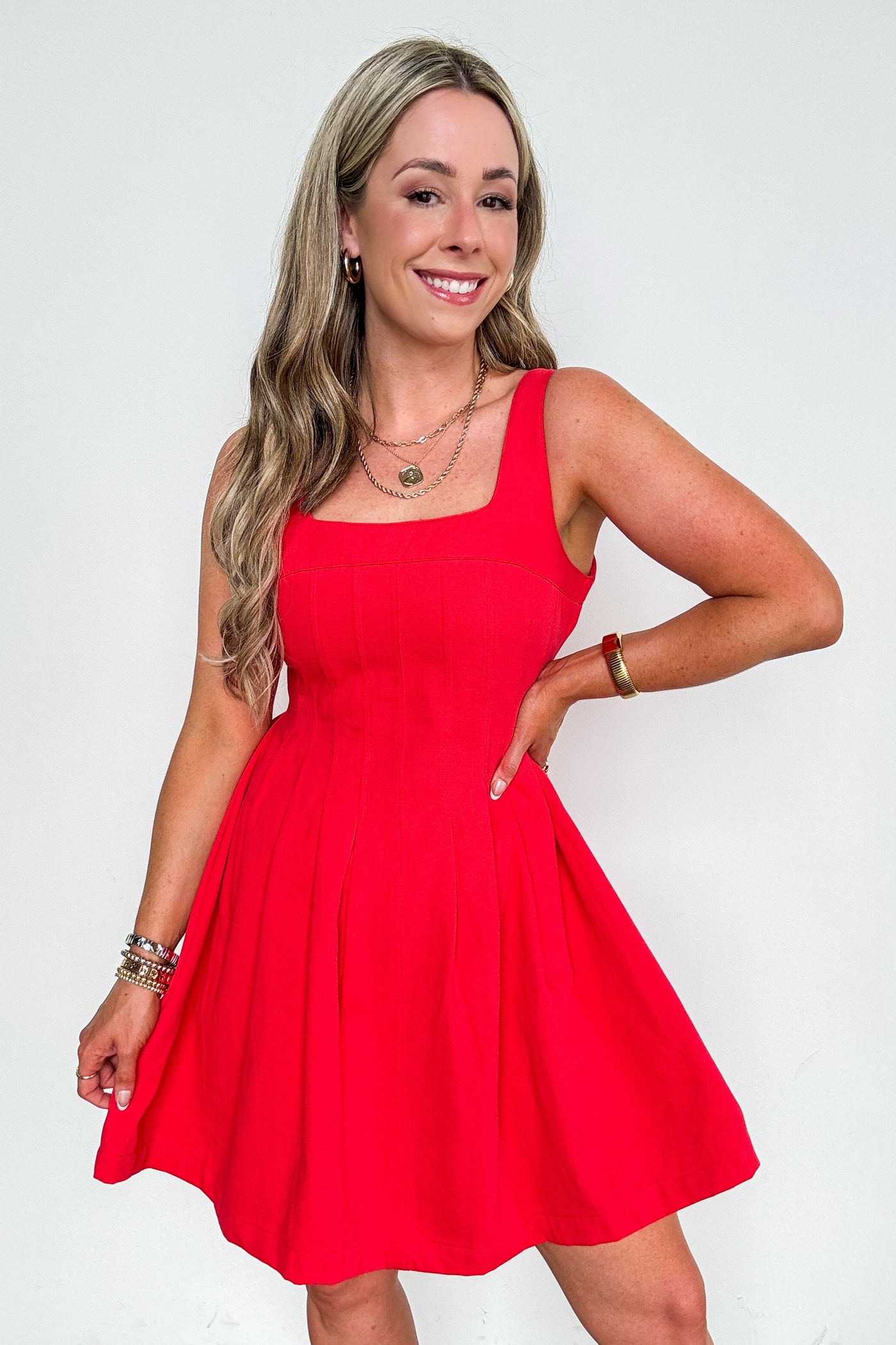 Lovely Boldness Fit And Flare Pleated Detail Sleeveless Dress - Madison and Mallory