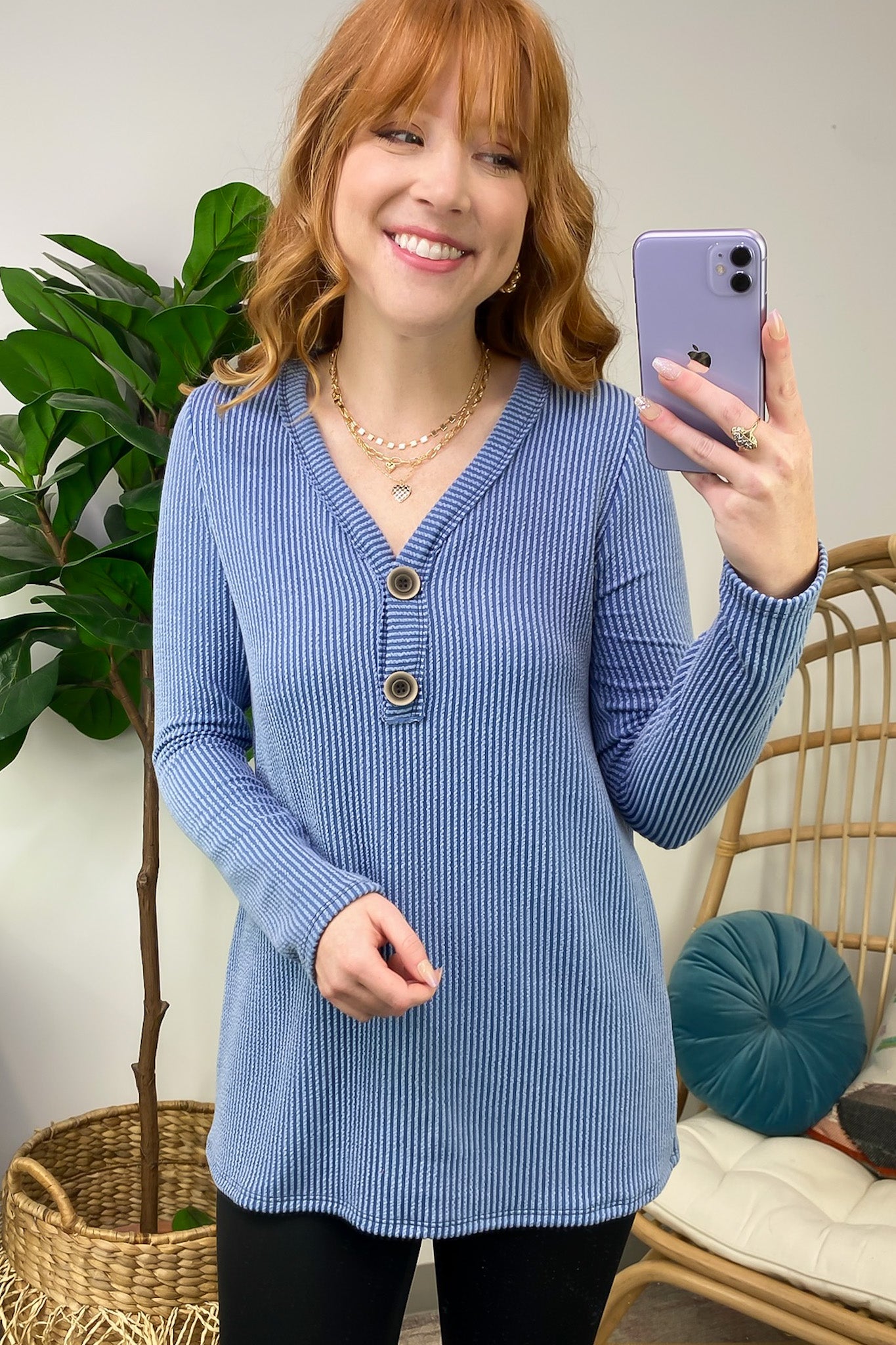 Blue / S Fall Into Me Ribbed Henley Button Top - FINAL SALE - Madison and Mallory