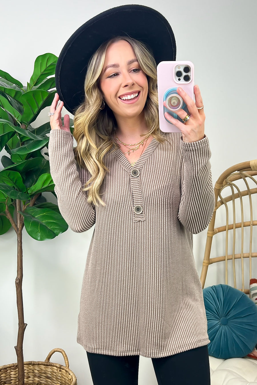Light Taupe / S Fall Into Me Ribbed Henley Button Top - FINAL SALE - Madison and Mallory