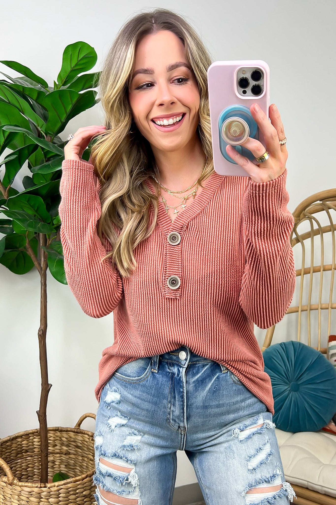 Rust / S Fall Into Me Ribbed Henley Button Top - FINAL SALE - Madison and Mallory