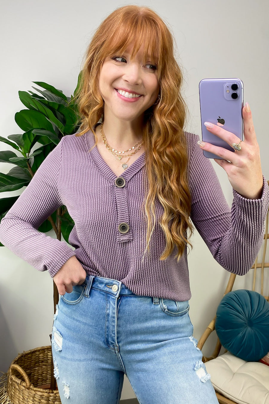 Lavender / S Fall Into Me Ribbed Henley Button Top - FINAL SALE - Madison and Mallory