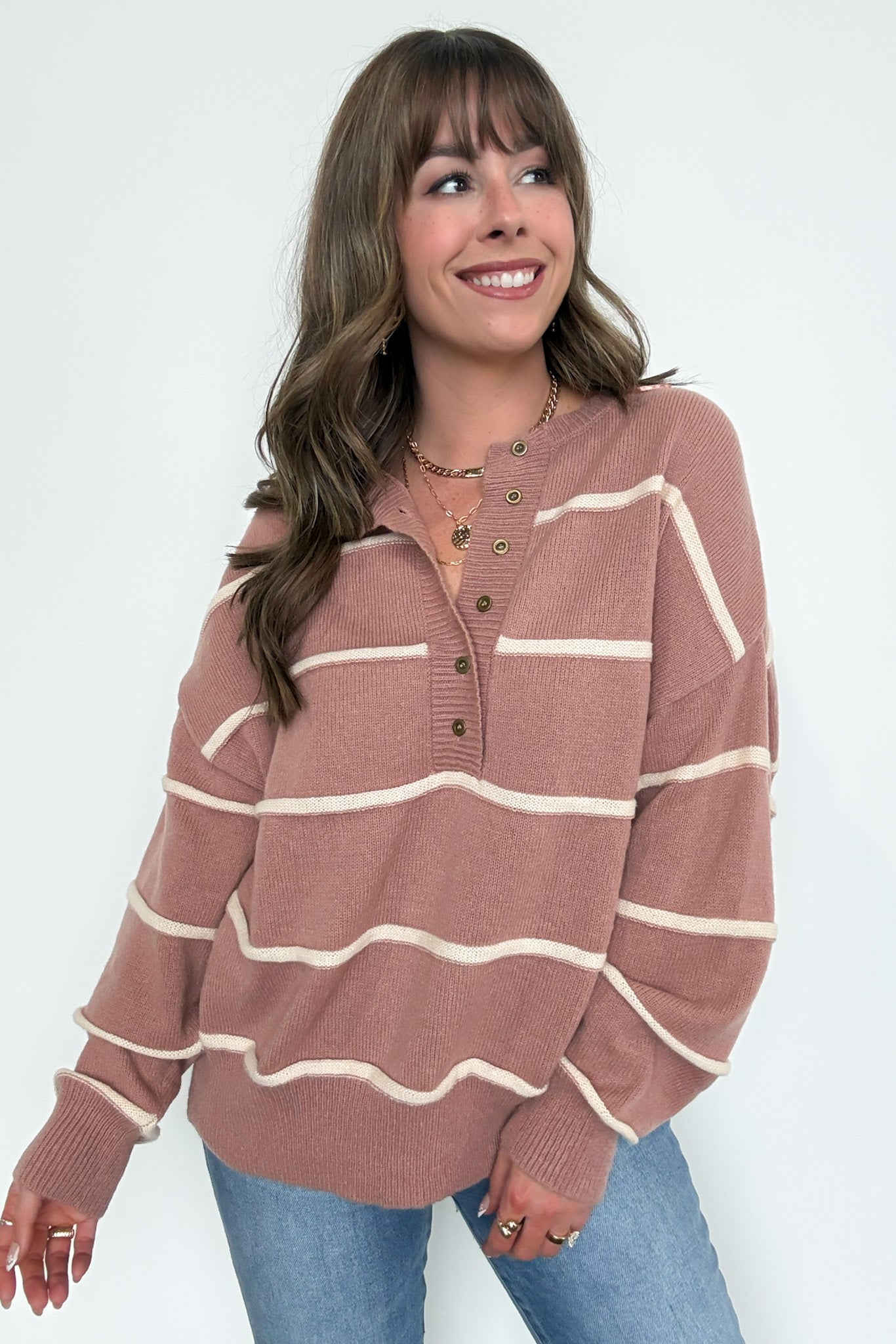  Fall with Me Striped Henley Button Sweater - Madison and Mallory