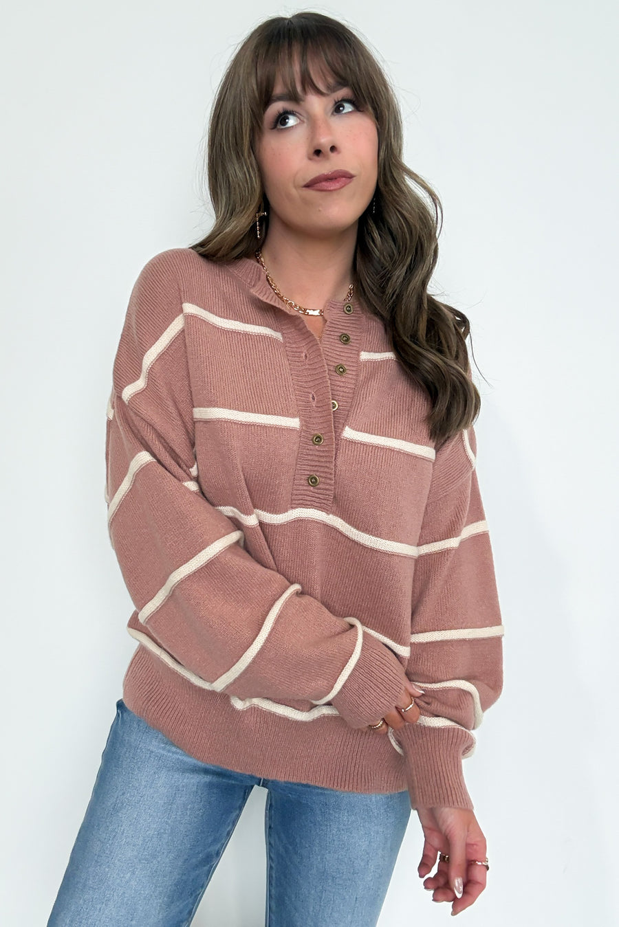  Fall with Me Striped Henley Button Sweater - Madison and Mallory