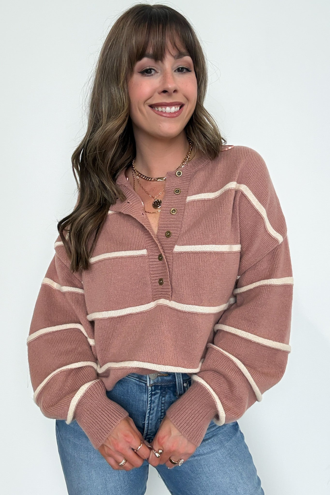  Fall with Me Striped Henley Button Sweater - Madison and Mallory