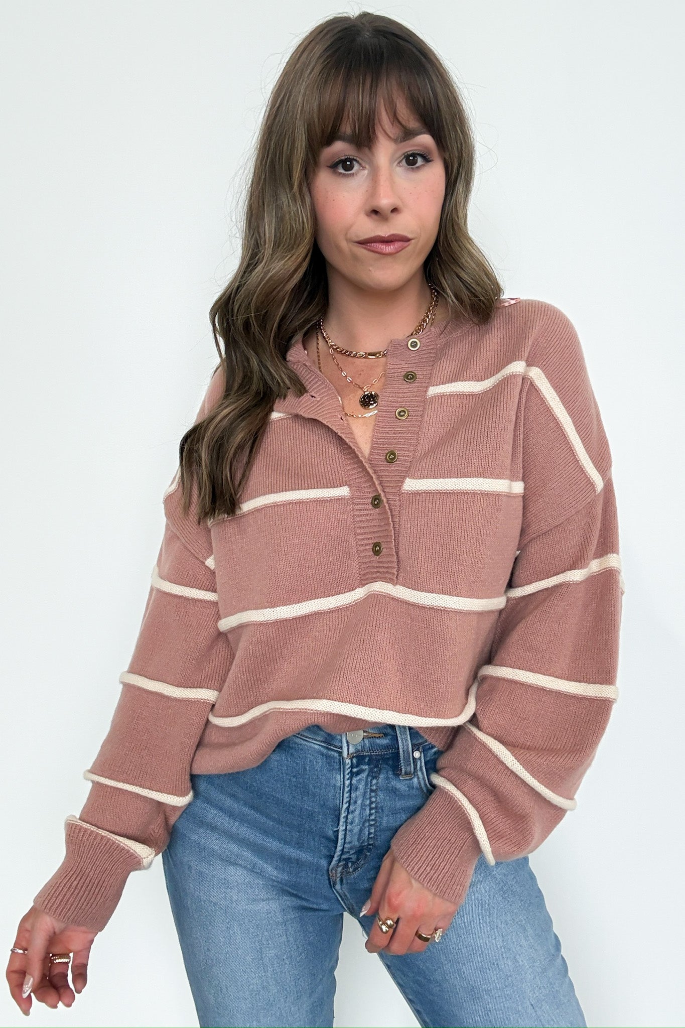  Fall with Me Striped Henley Button Sweater - Madison and Mallory