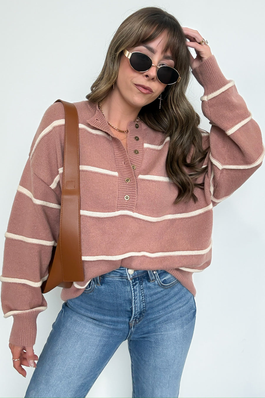 Mocha/Ivory / S Fall with Me Striped Henley Button Sweater - Madison and Mallory