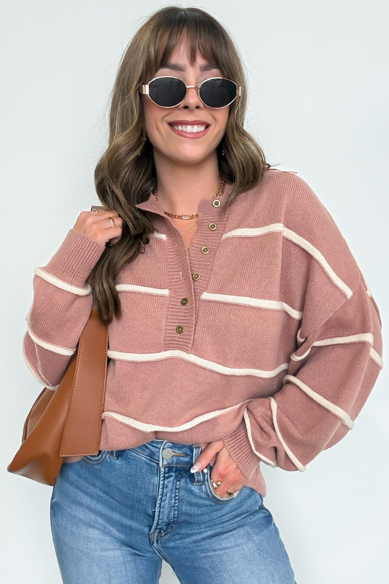  Fall with Me Striped Henley Button Sweater - Madison and Mallory