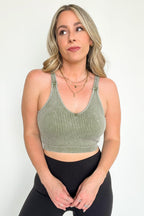 Ash Olive / SM Farran Washed Ribbed Padded Bra Tank Top - FINAL SALE - Madison and Mallory