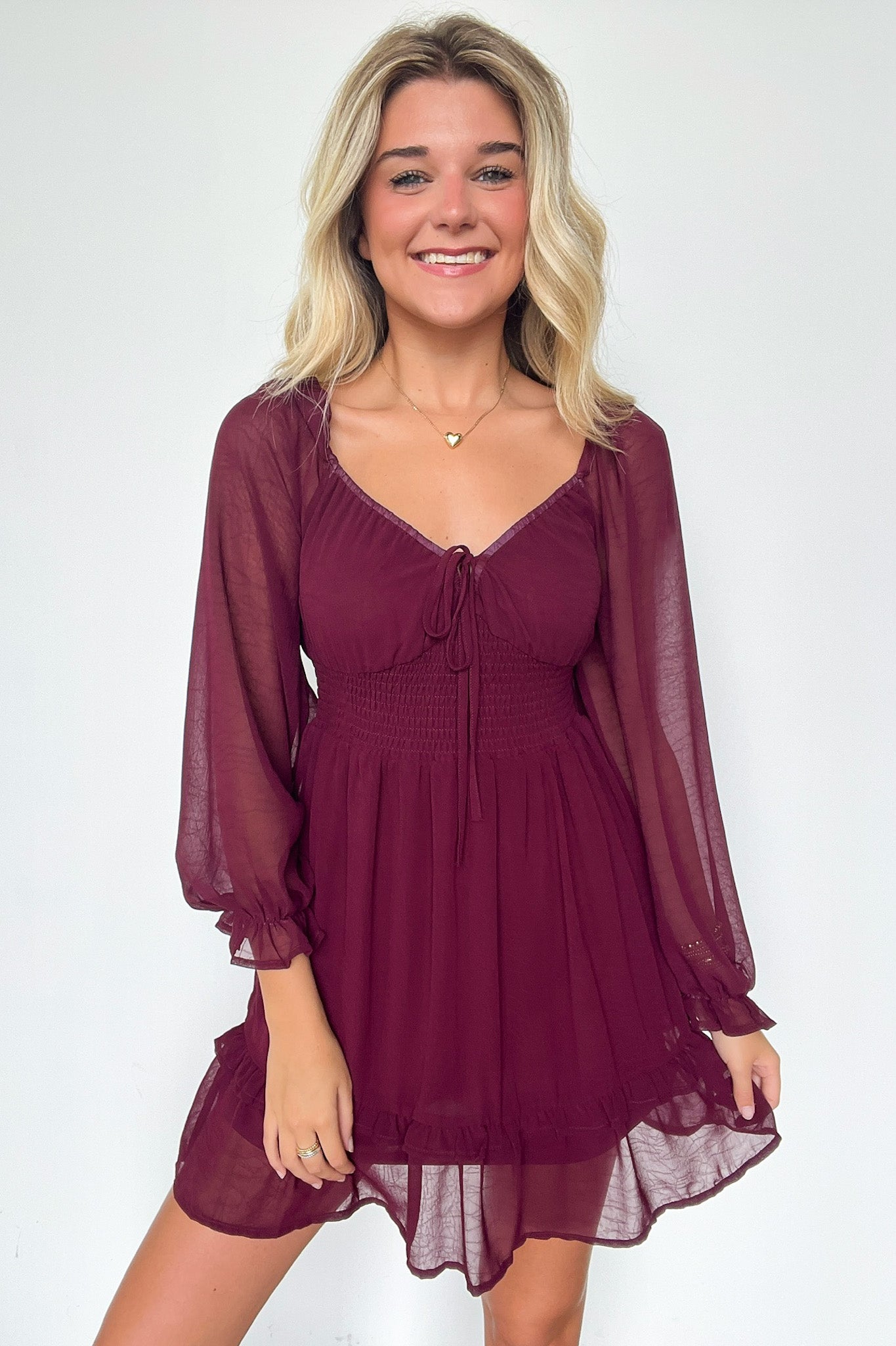 Wine / S Favorite Inspiration Empire Smocked Long Sleeve Dress - FINAL SALE - Madison and Mallory