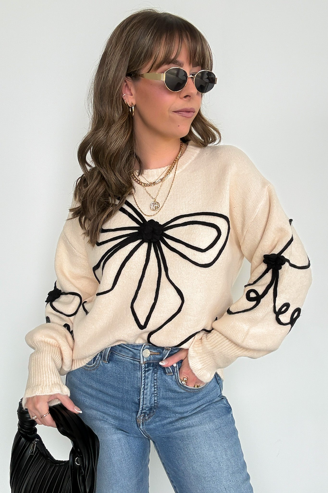 S / Cream/Black Favorite Option Bow Embroidered Sweater - Madison and Mallory