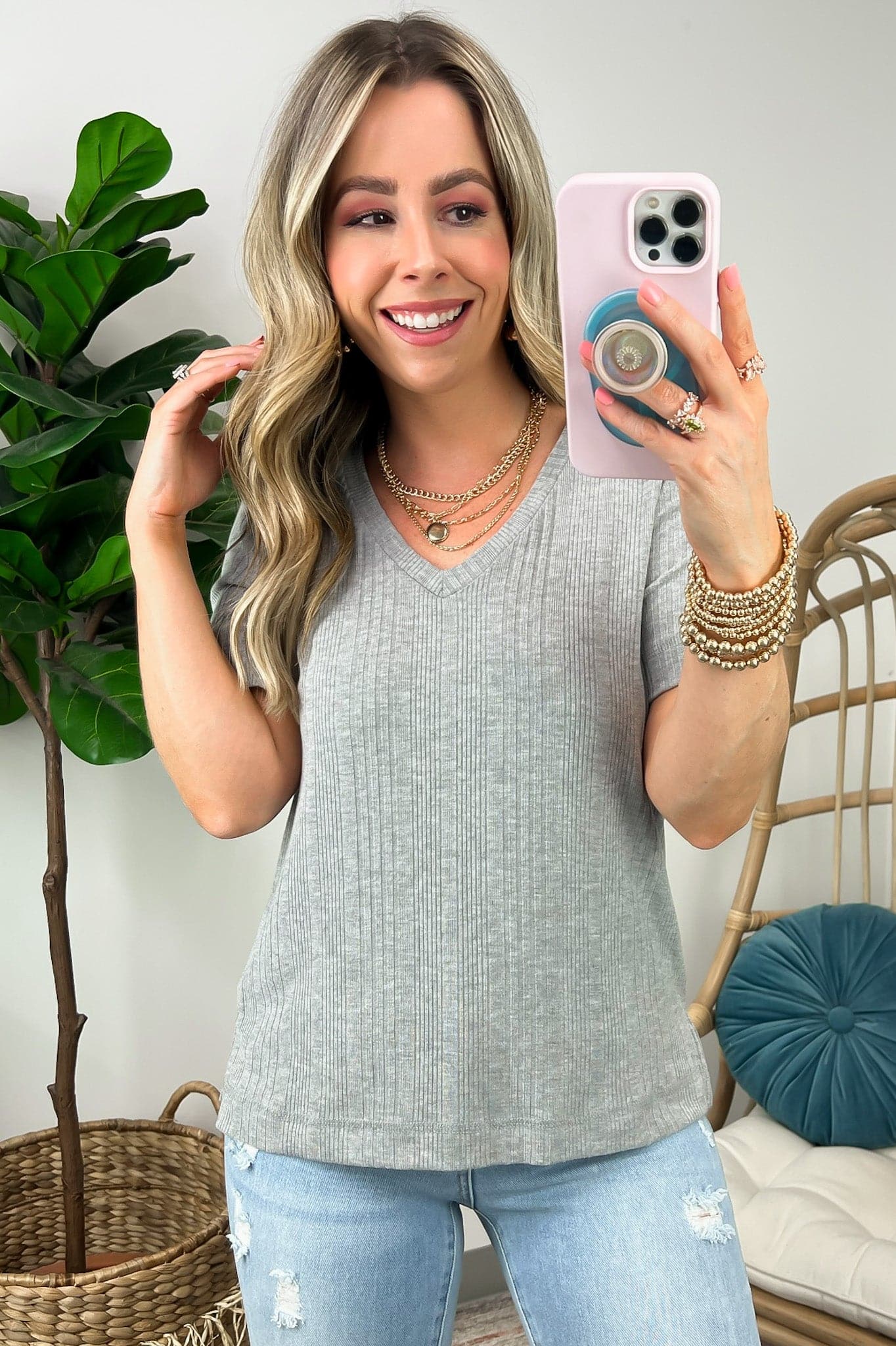  Finnleah V-Neck Ribbed Tee - FINAL SALE - Madison and Mallory