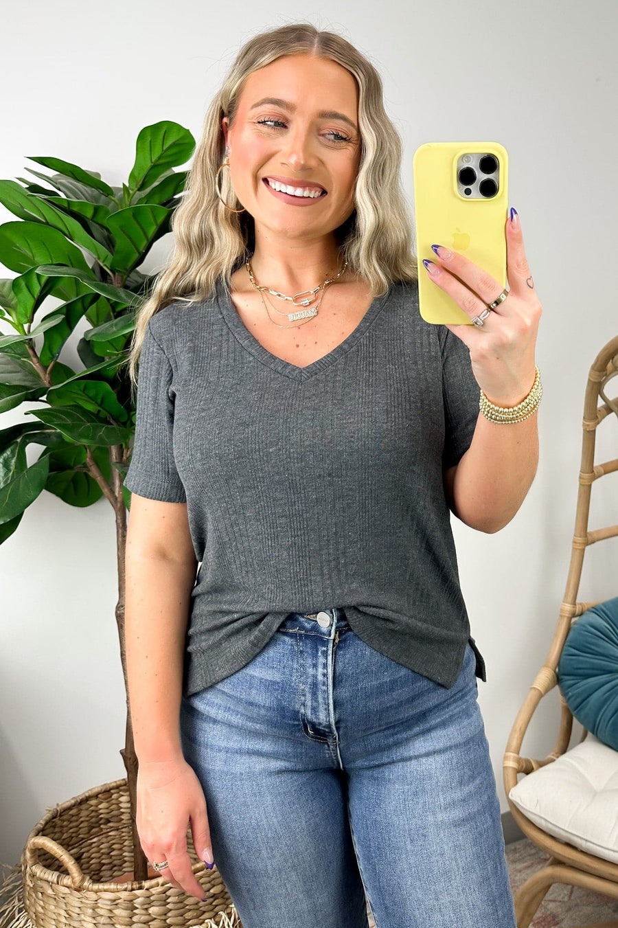 Charcoal / S Finnleah V-Neck Ribbed Tee - FINAL SALE - Madison and Mallory