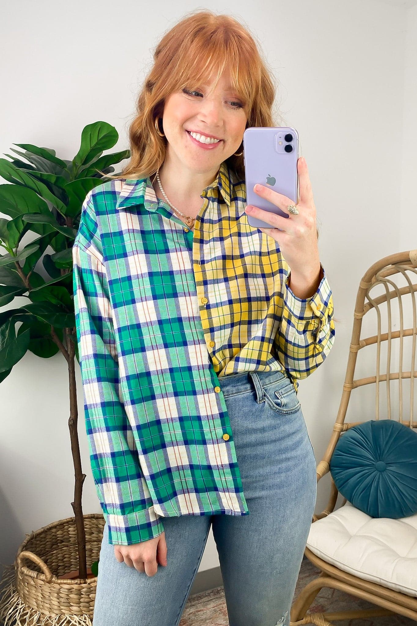 S / Yellow/Green Combo Fionnah Plaid Contrst Button Down Top - FINAL SALE - Madison and Mallory