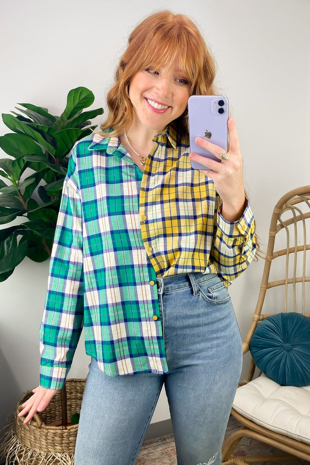 Fionnah Plaid Contrst Button Down Top - FINAL SALE - Madison and Mallory