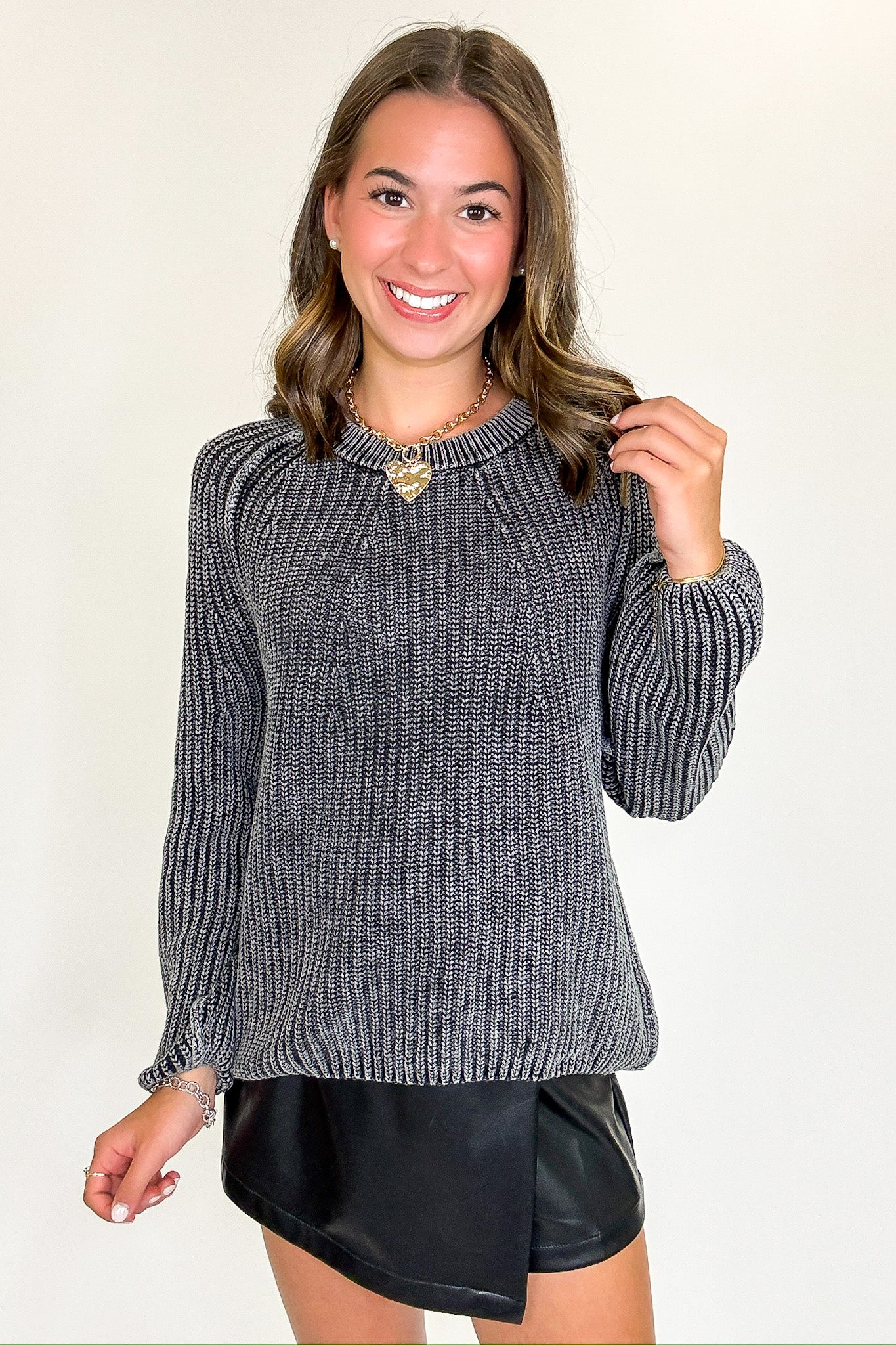 Black / S Fireside Stone Washed Round Neck Sweater - Madison and Mallory