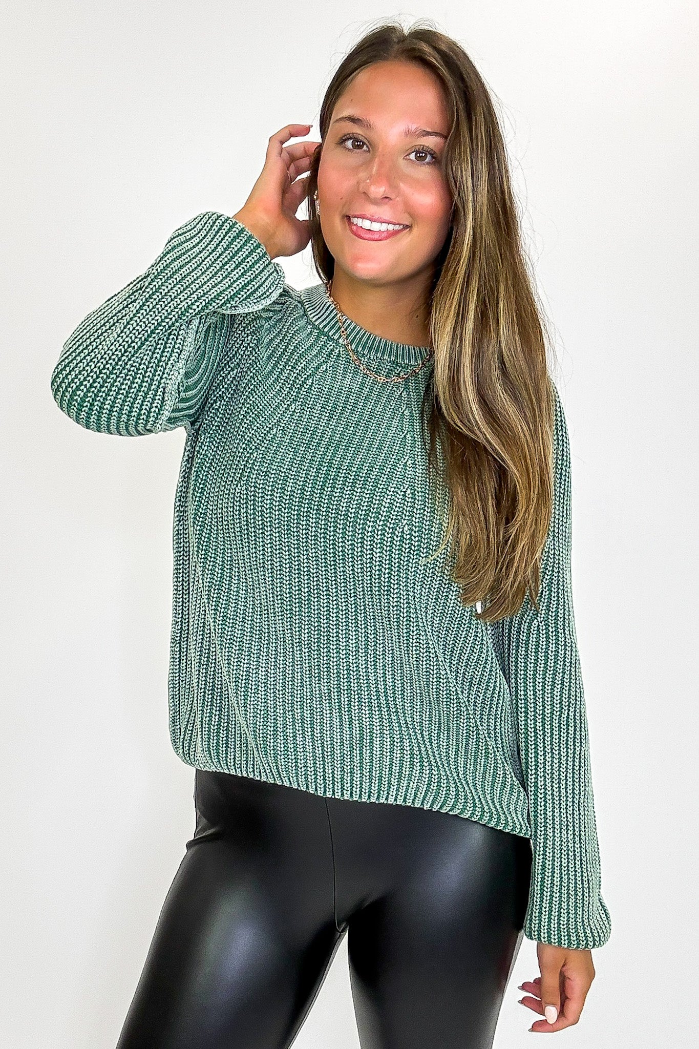 Dark Green / S Fireside Stone Washed Round Neck Sweater - Madison and Mallory