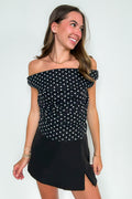 XS / Black White Dot Flirt Dot Off Shoulder Ruched Top - FINAL SALE - Madison and Mallory