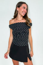 XS / Black White Dot Flirt Dot Off Shoulder Ruched Top - FINAL SALE - Madison and Mallory