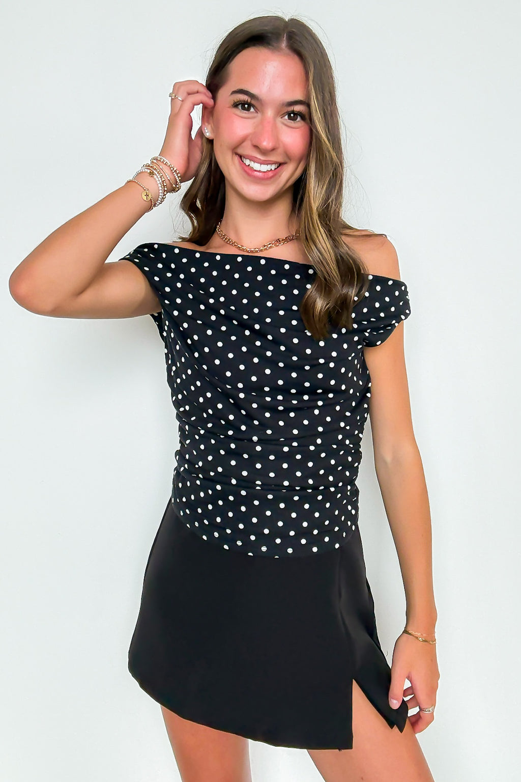 Flirt Dot Off Shoulder Ruched Top - FINAL SALE - Madison and Mallory