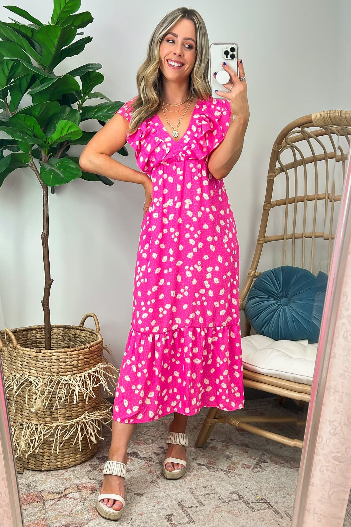 Fuchsia / S Flirty All the Time Ruffle Sleeve Tiered Floral Midi Dress - Madison and Mallory