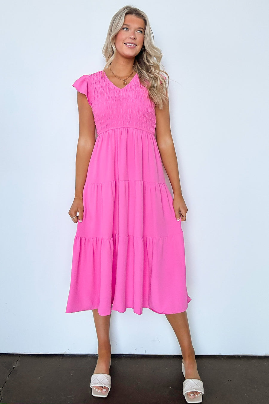  Flirty Luxury Flutter Sleeve Tiered Dress - Madison and Mallory