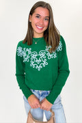 S / Pine Green Blue Flora Thread Applique Knit Design Pullover Sweater - FINAL SALE - Madison and Mallory