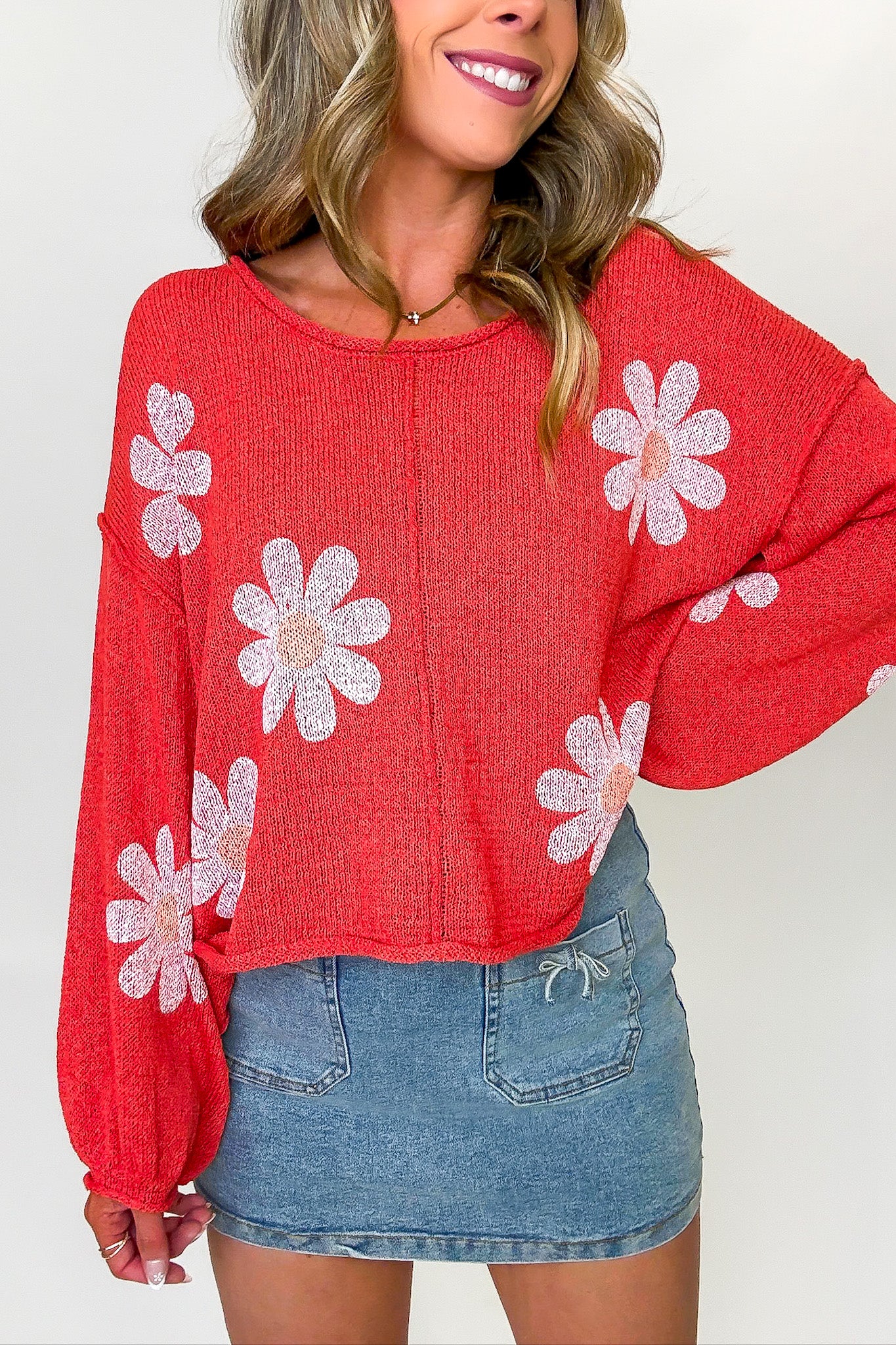 Apple Red / S Flutter Bloom Relaxed Knit Sweater - Madison and Mallory