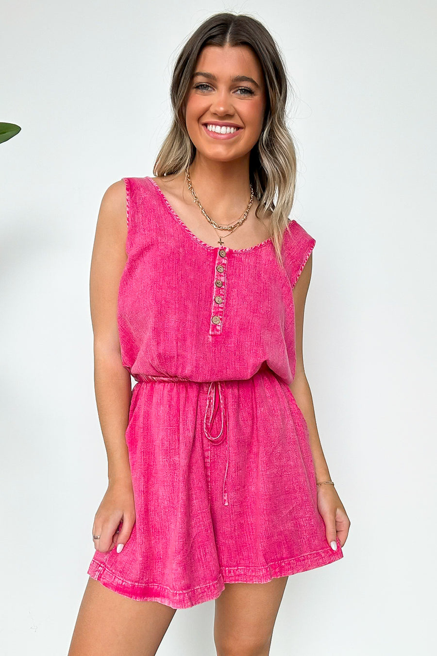 Hot Pink / S For The Moment Washed Drawstring Romper - Madison and Mallory