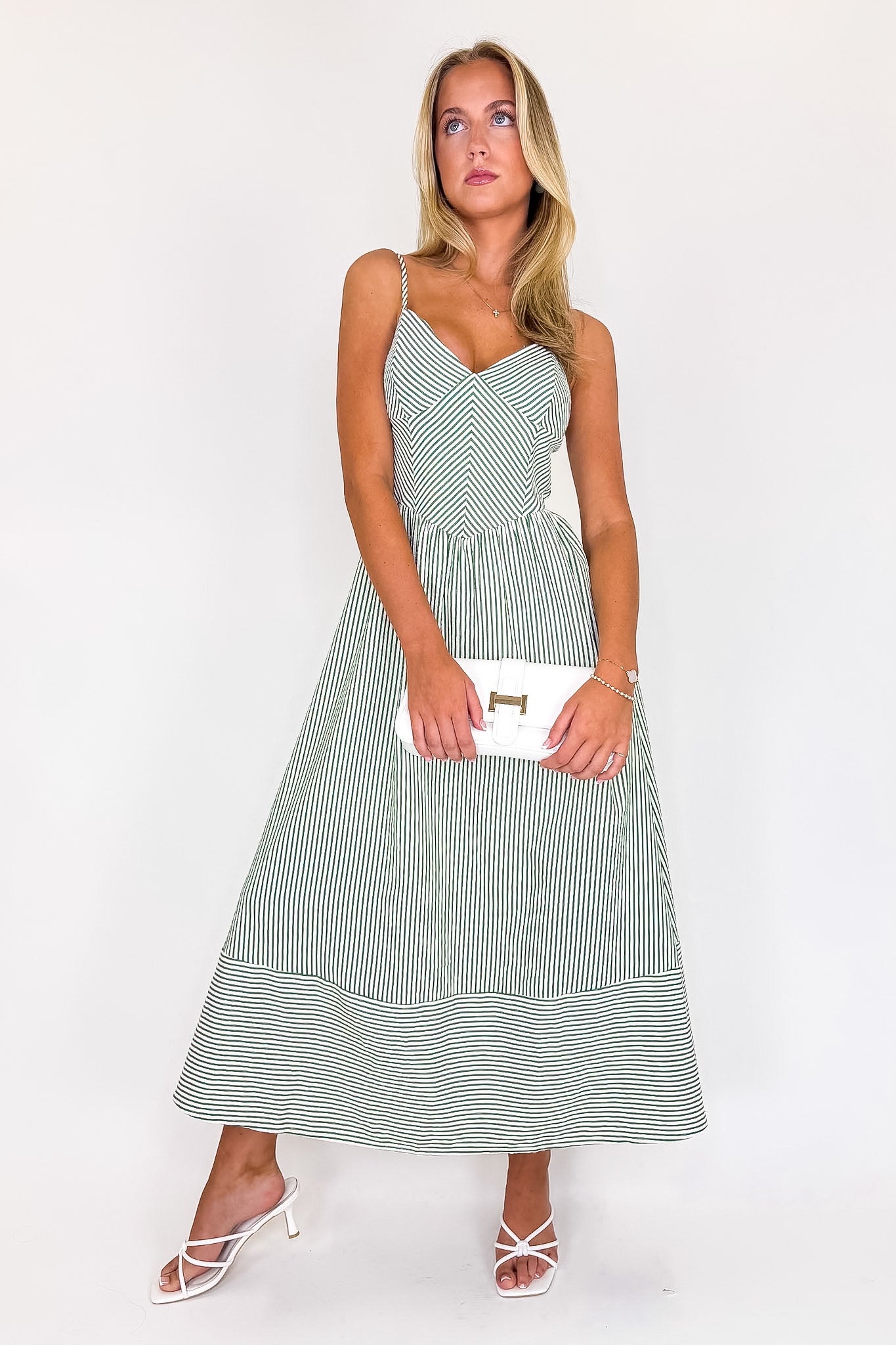 Framed Stripe Basque Waist Midi Dress