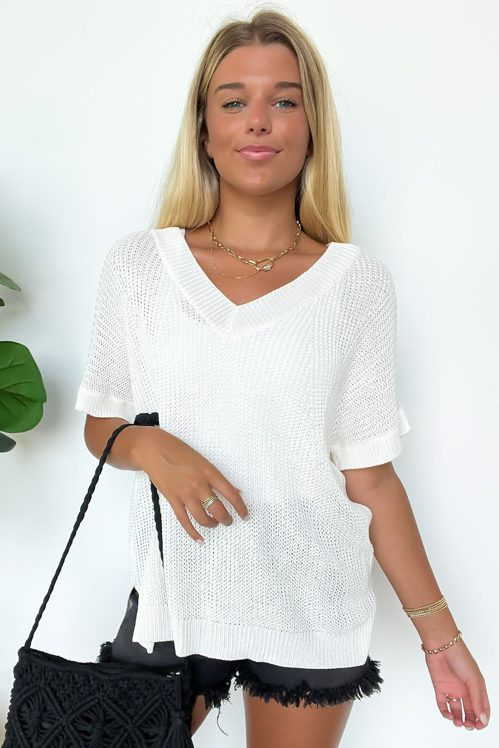 Ivory / S Free Fall Lightweight V-Neck Knit Top - Madison and Mallory