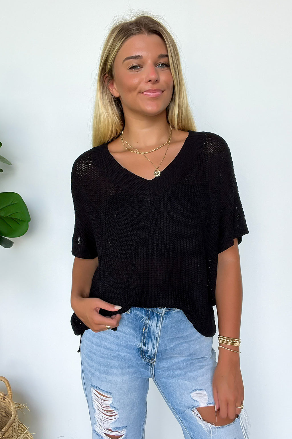 Black / S Free Fall Lightweight V-Neck Knit Top - Madison and Mallory