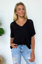 Black / S Free Fall Lightweight V-Neck Knit Top - Madison and Mallory