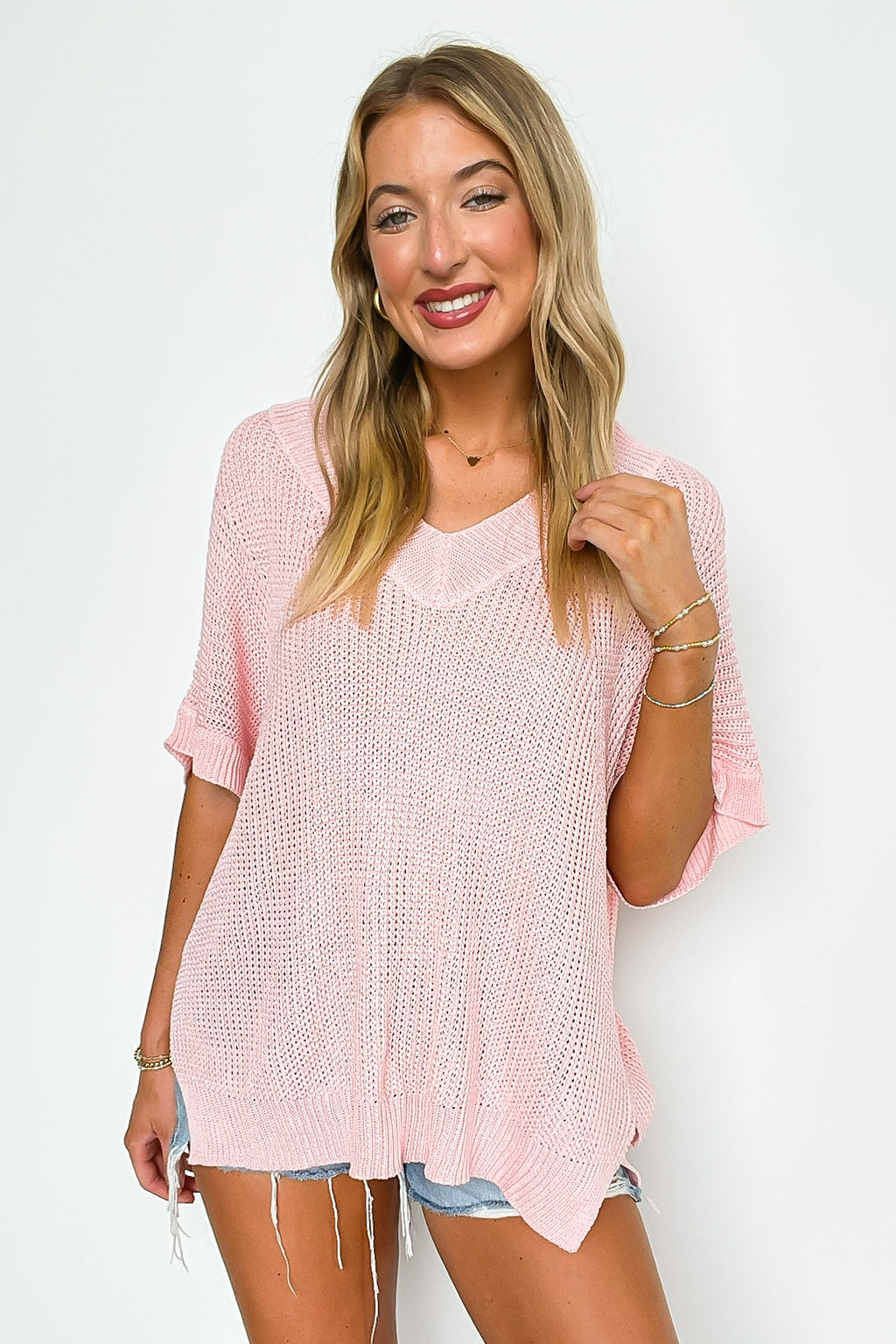 Blush / S Free Fall Lightweight V-Neck Knit Top - Madison and Mallory