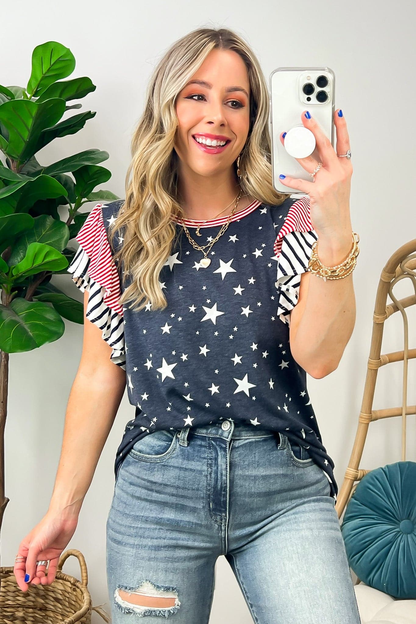 S / Navy Freedom Stars Ruffled Sleeve Top - FINAL SALE - Madison and Mallory