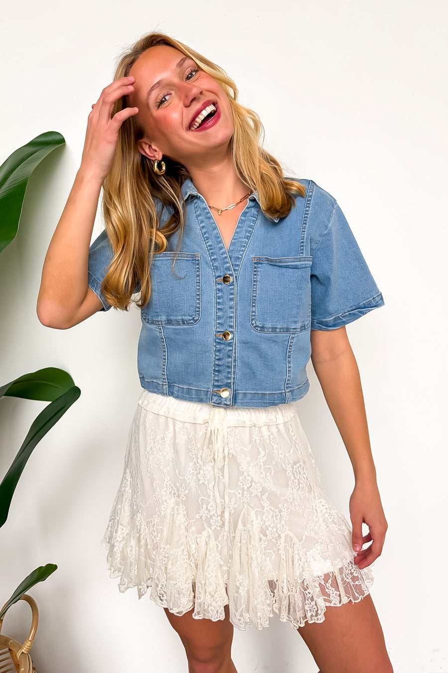 Fresh Edit Denim Button Down Top
