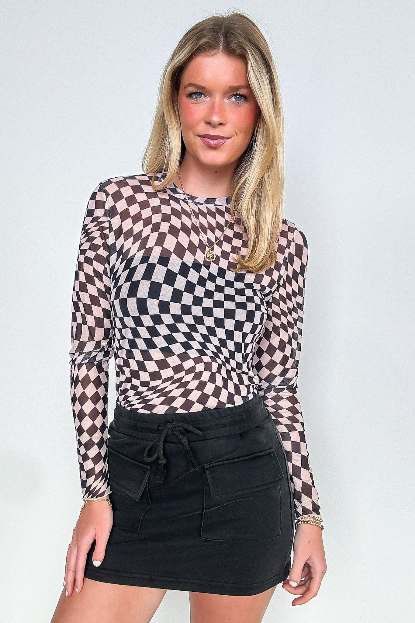 Fresh Take Checkered Print Mesh Layering Top - Madison and Mallory