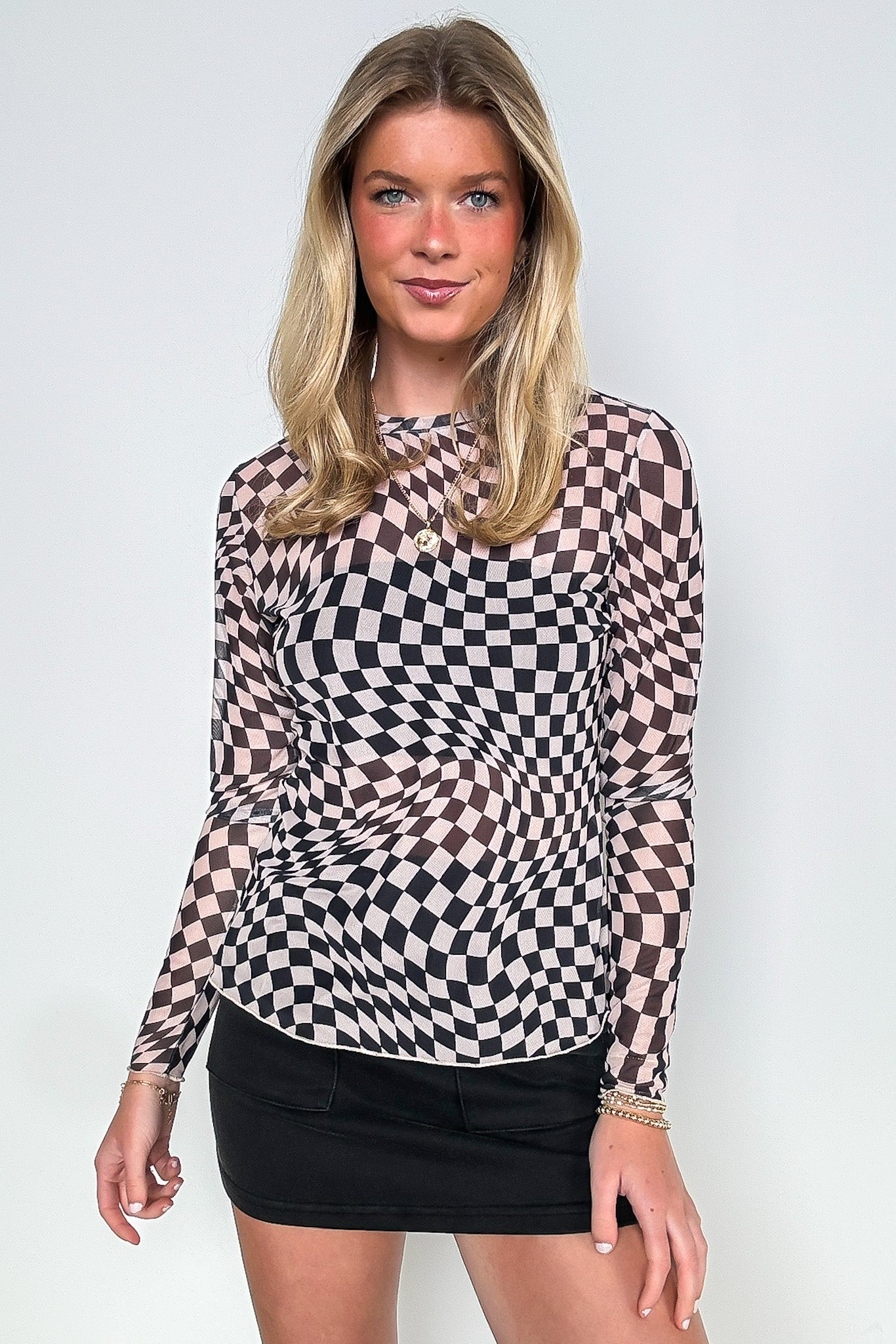 Fresh Take Checkered Print Mesh Layering Top - Madison and Mallory