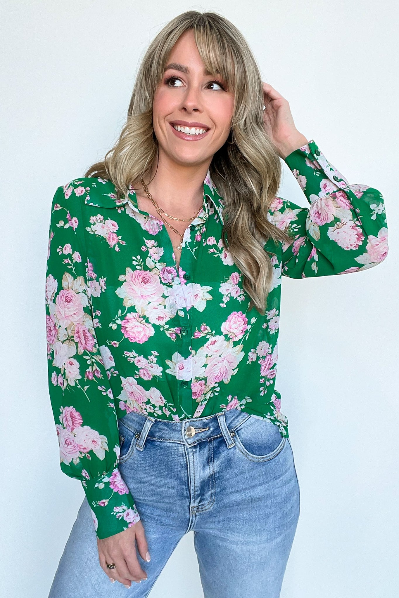 Kelly Green / S Freshly Floral Button Down Top - FINAL SALE - Madison and Mallory