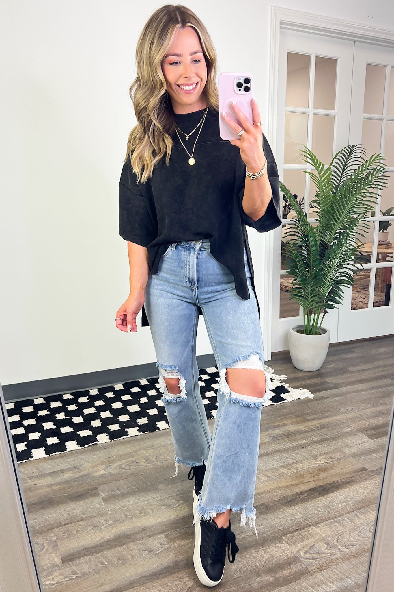 Black / S Freyah Relaxed Mineral Wash Dolman Sleeve Top - BACK IN STOCK - Madison and Mallory