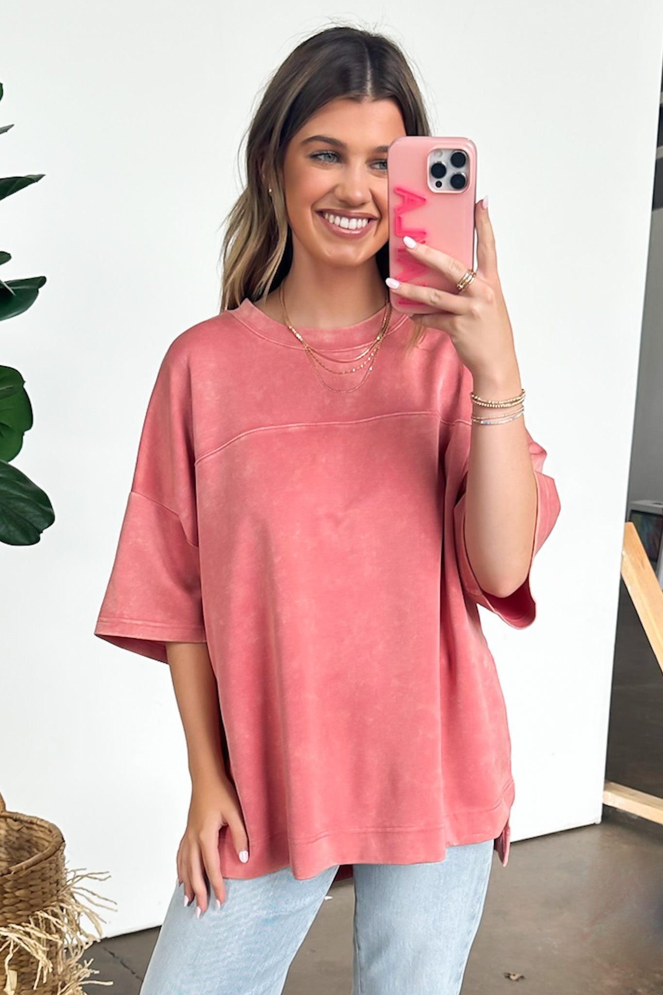 Pink / S Freyah Relaxed Mineral Wash Dolman Sleeve Top - Madison and Mallory