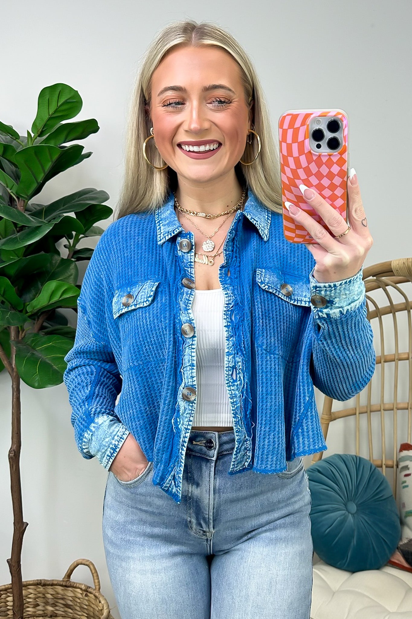 Ocean Blue / SM Friday Feelings Acid Wash Cropped Waffle Knit Shacket - FINAL SALE - Madison and Mallory