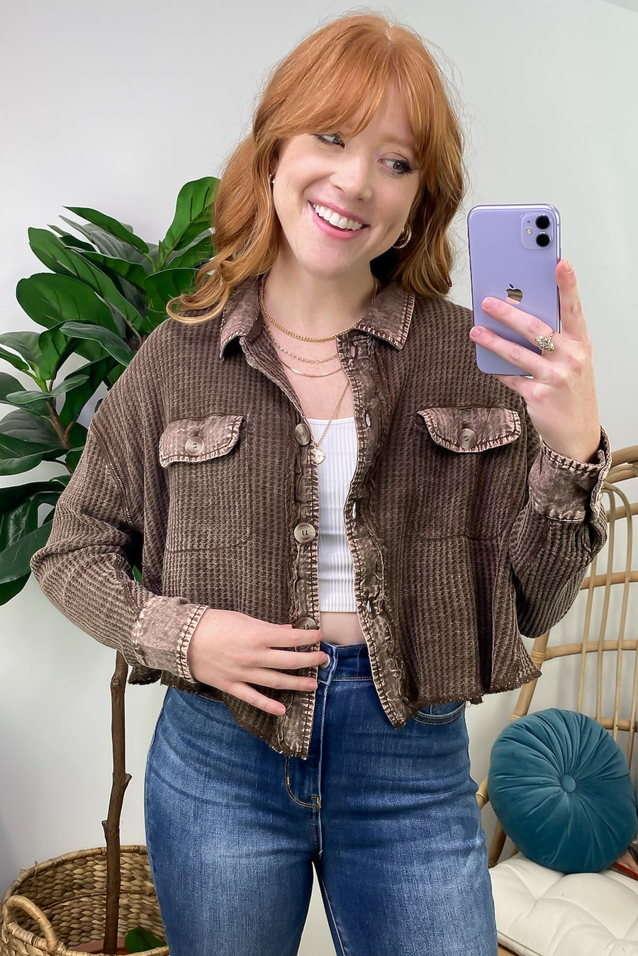 Brown / SM Friday Feelings Acid Wash Cropped Waffle Knit Shacket - FINAL SALE - Madison and Mallory